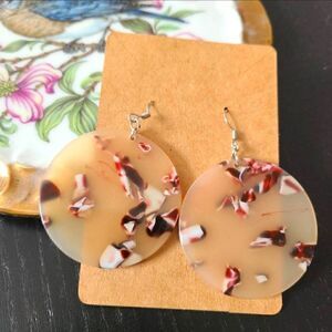 Large Round Acetate Red & White Swirl Dangle Earrings